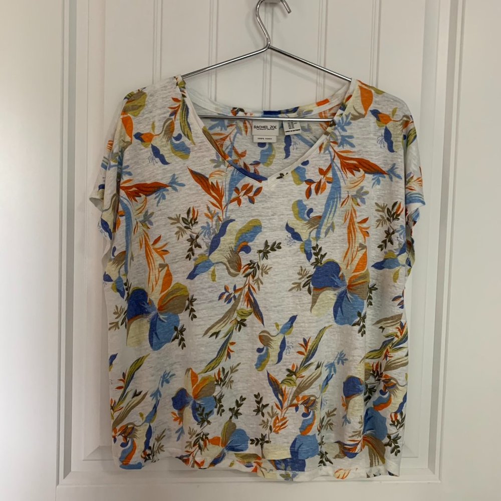 Rachel Zoe Women's XL Top Linen Floral Print V Neck Short Sleeve Blouse Crop